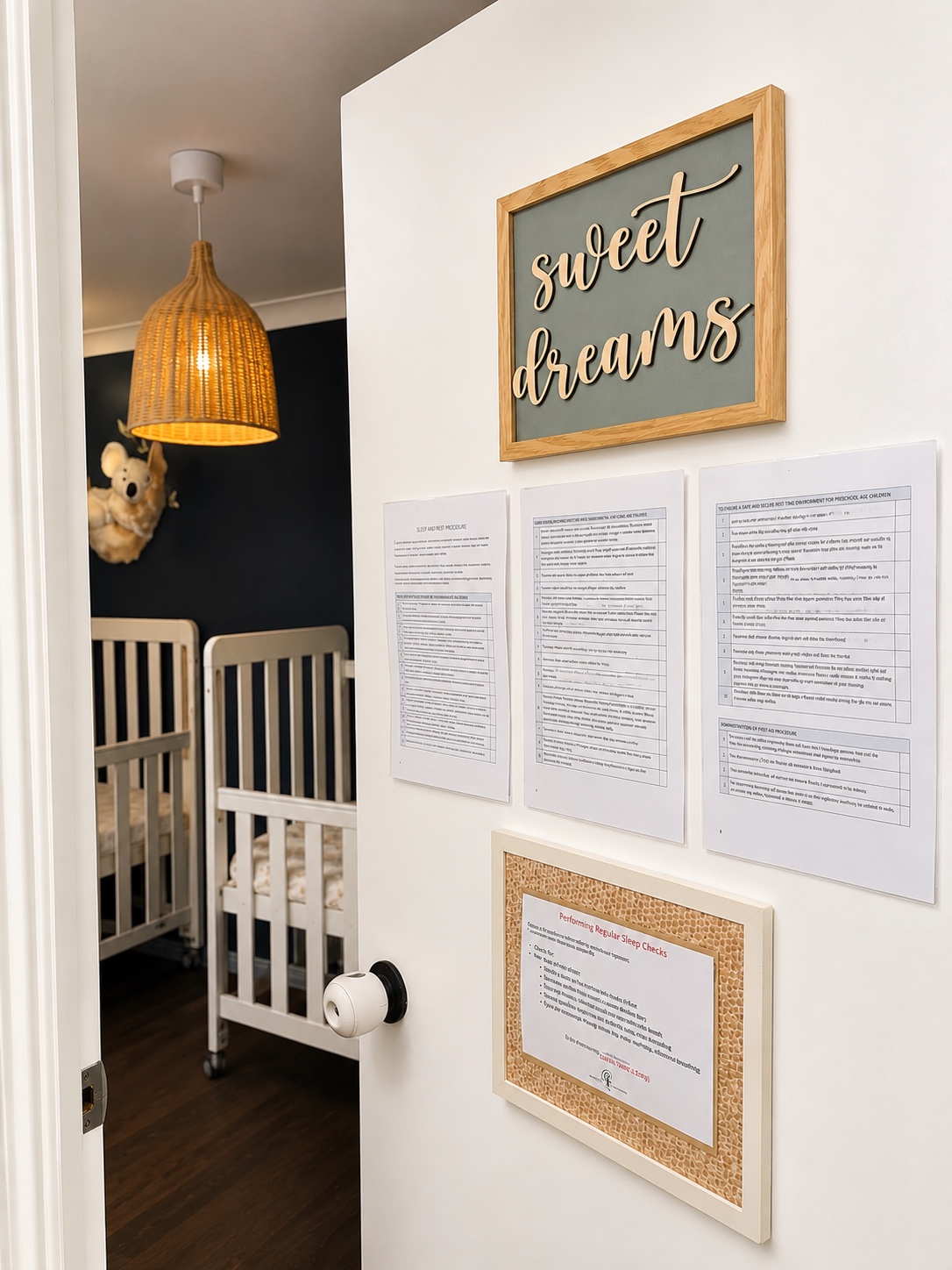 Dedicated cot room and displayed sleep and rest procedures